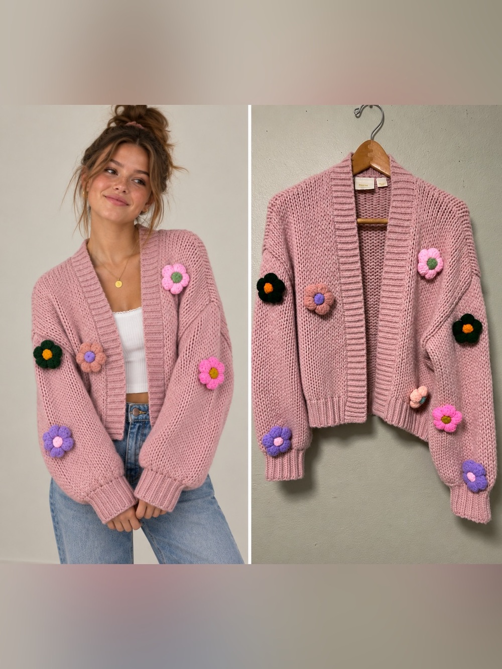 Anthropologie Maeve The Susannah 3D Flower Cardigan Sweater One Size Dusty Pink